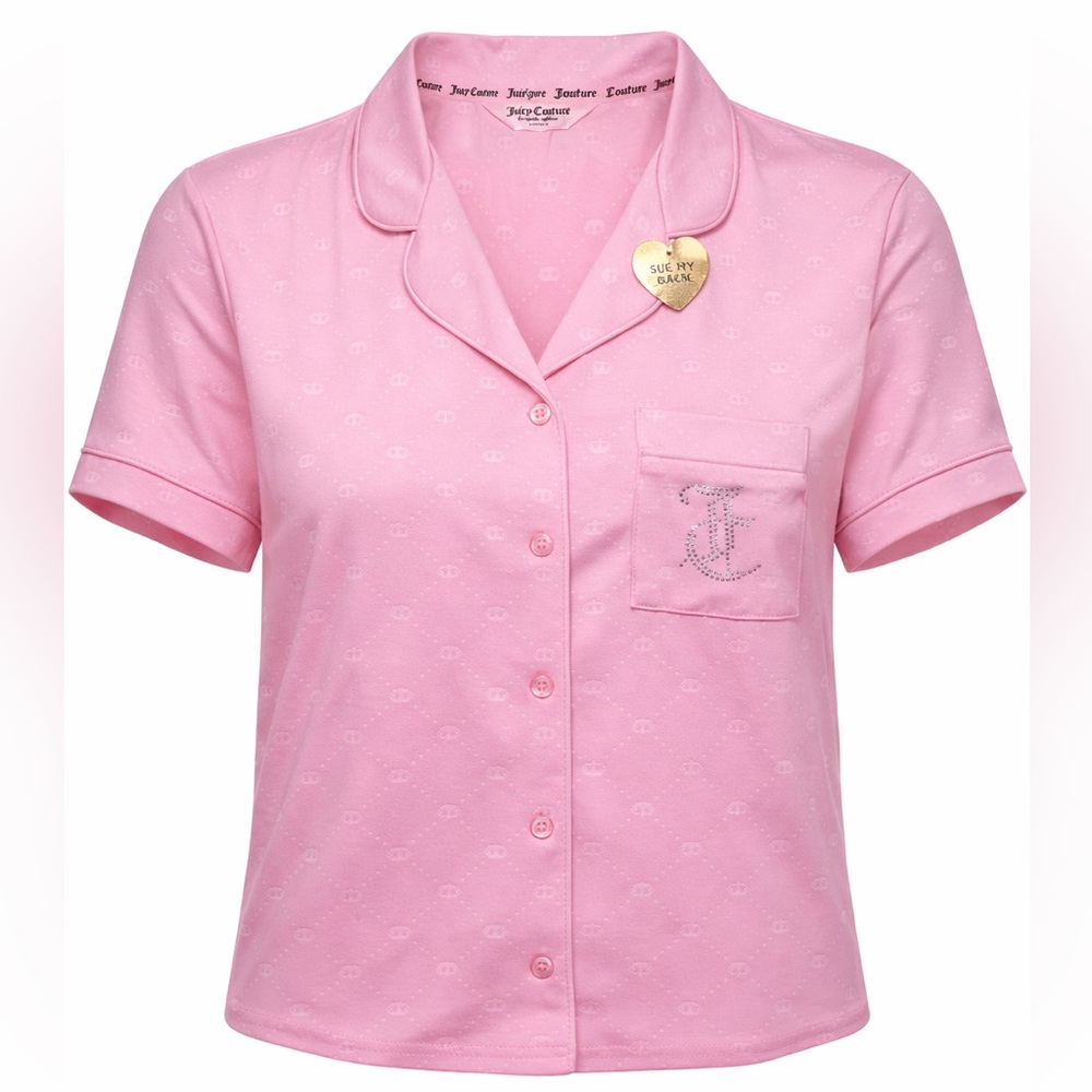 Juicy Couture Pink Pajama Sleep Top Rhinestone Back All Over Crown Emblem Large